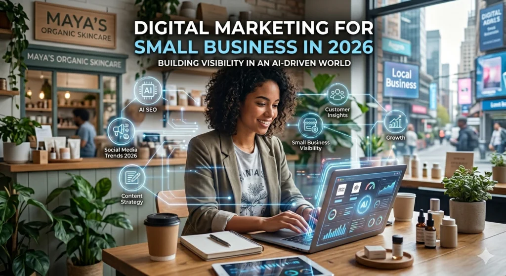 Digital marketing for small business in 2026 showing AI-powered marketing, local business growth, SEO, and content strategy.